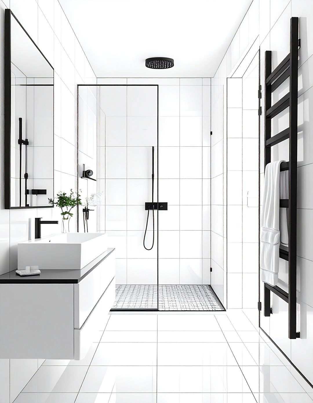 Minimalist Spa Lines with Slim Black Accents - 20 Black and White Bathroom Ideas