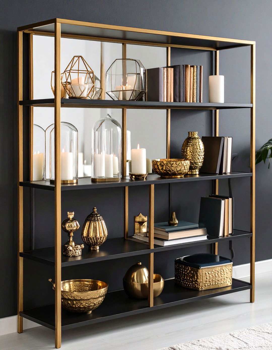 Mirror Backed Shelving to Amplify Living Room Light - 20 Black and Gold Living Room Ideas