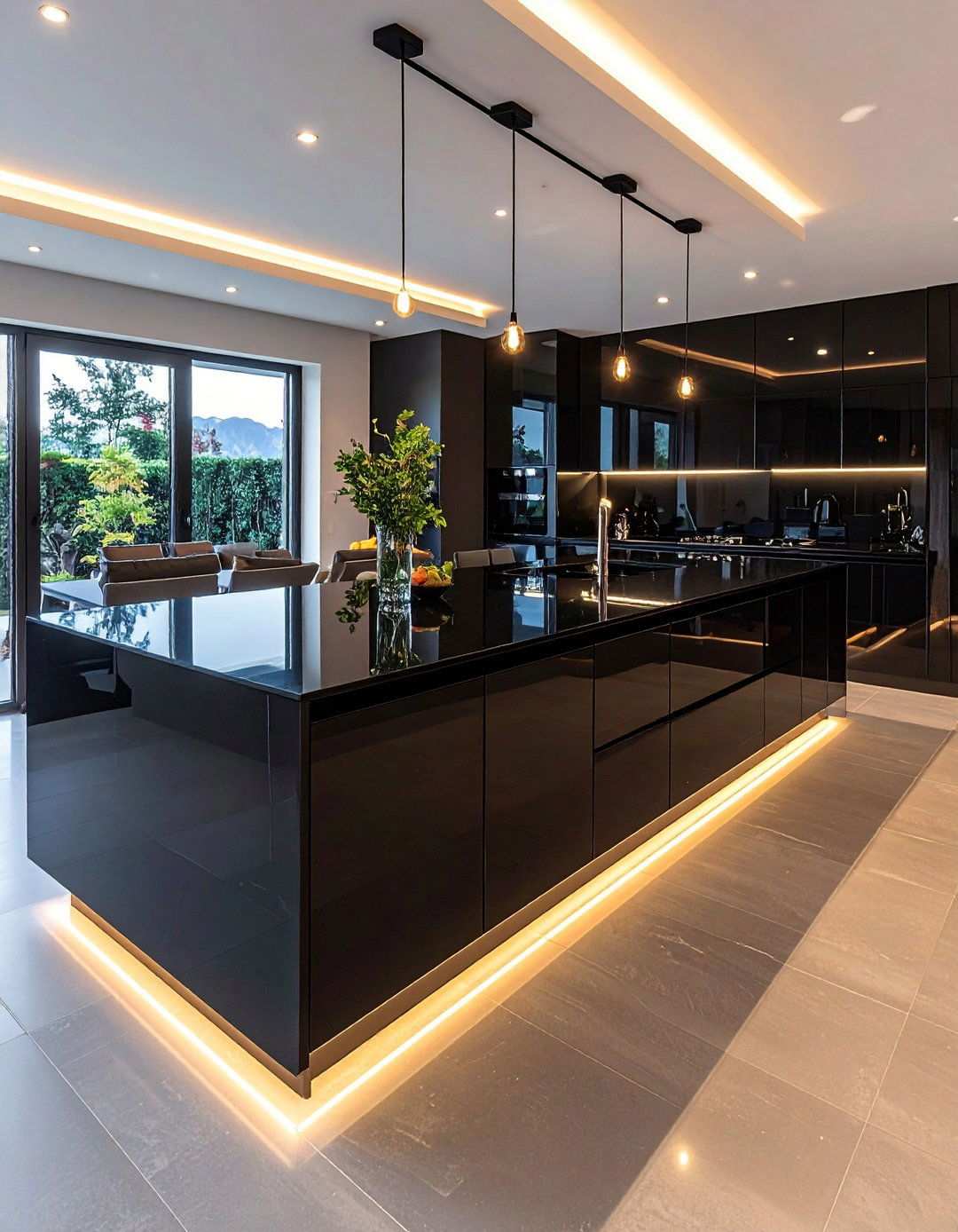 Mirror Gloss Black Glass Imbues Futuristic Flair - 20 Black Kitchen Countertops
