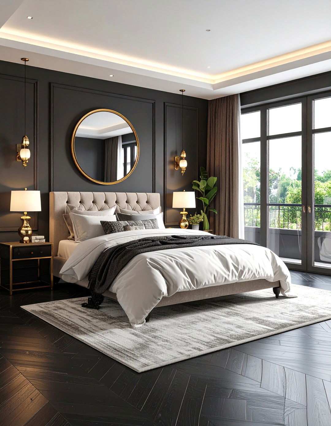 Mirrors and Layered Lighting Multiply Brightness - 20 Black Floor Bedroom Ideas
