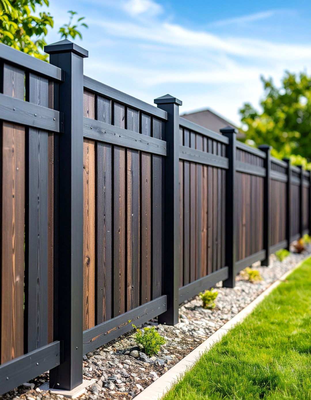 Mixed Material Black Cedar and Steel Combo Fence - 20 Black Fence Ideas