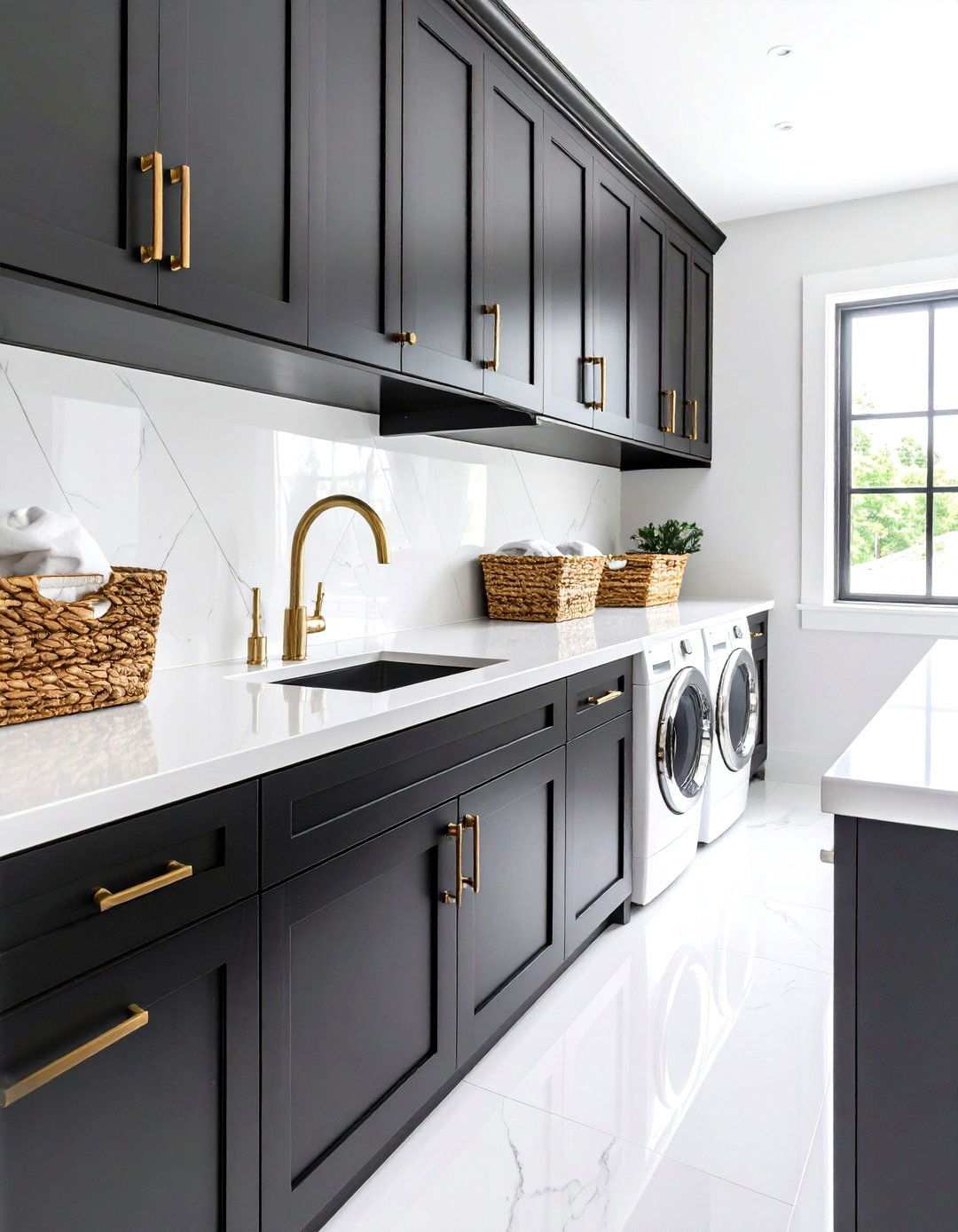 Mixed Metal Touches Keep It Current - 20 Black and White Laundry Room Ideas