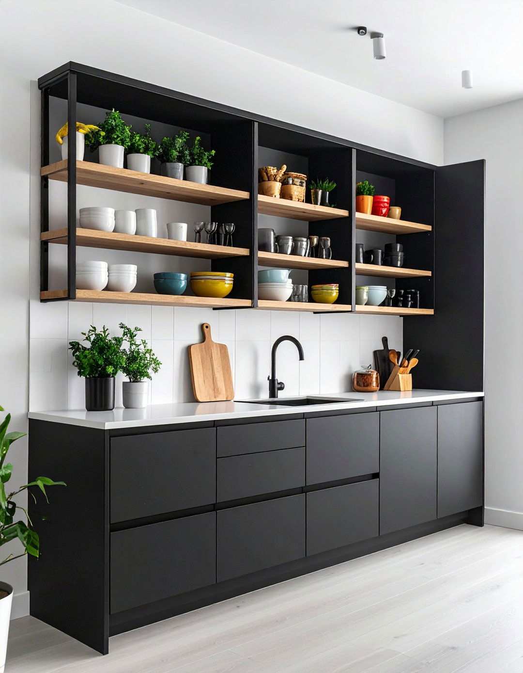 Mixing Open Shelving With Black Kitchen Cabinets - 20 Black Kitchen Cabinets With White Countertops