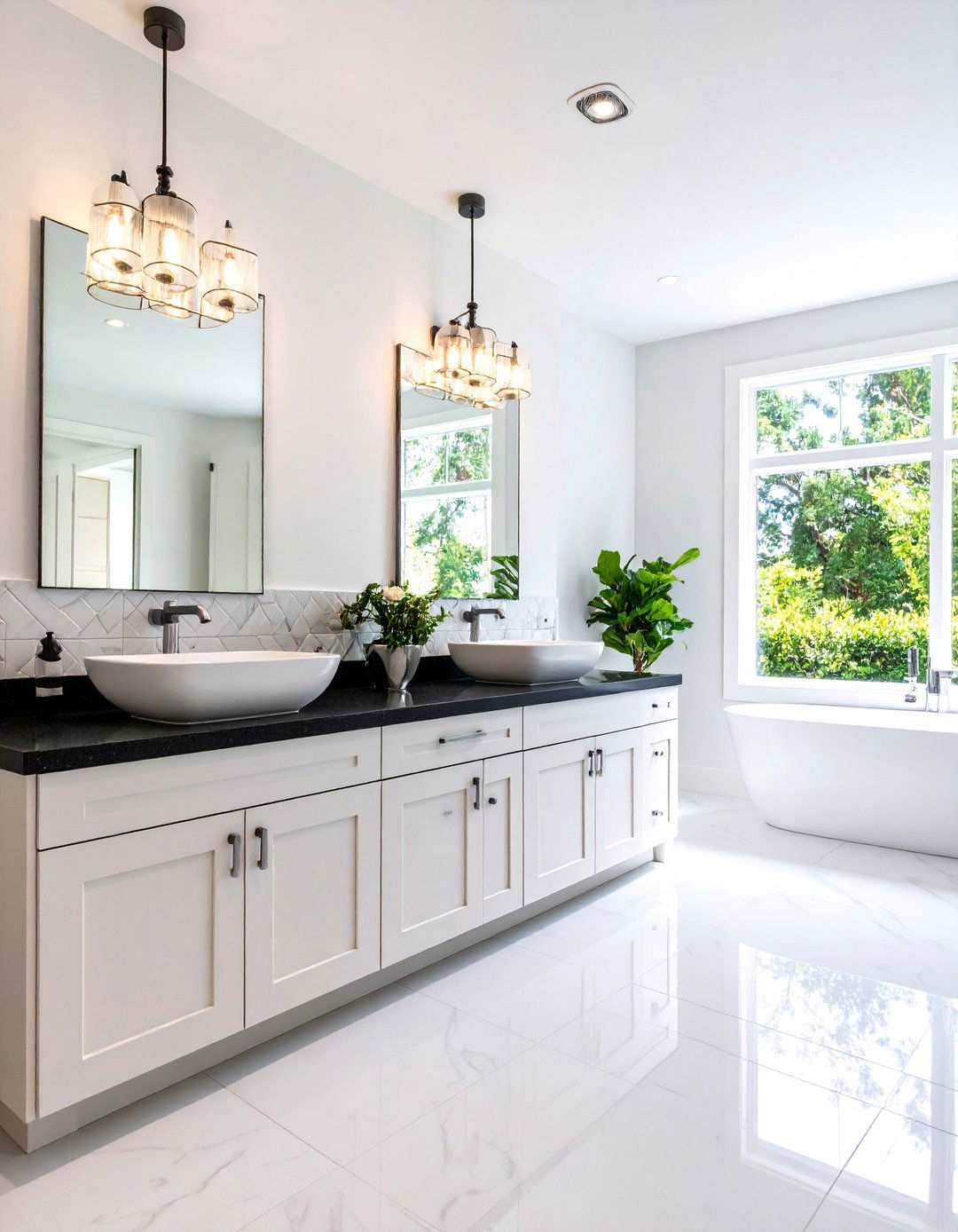 Modern Bathroom with Black Countertops and White Cabinets - 20 bathroom with black countertops ideas