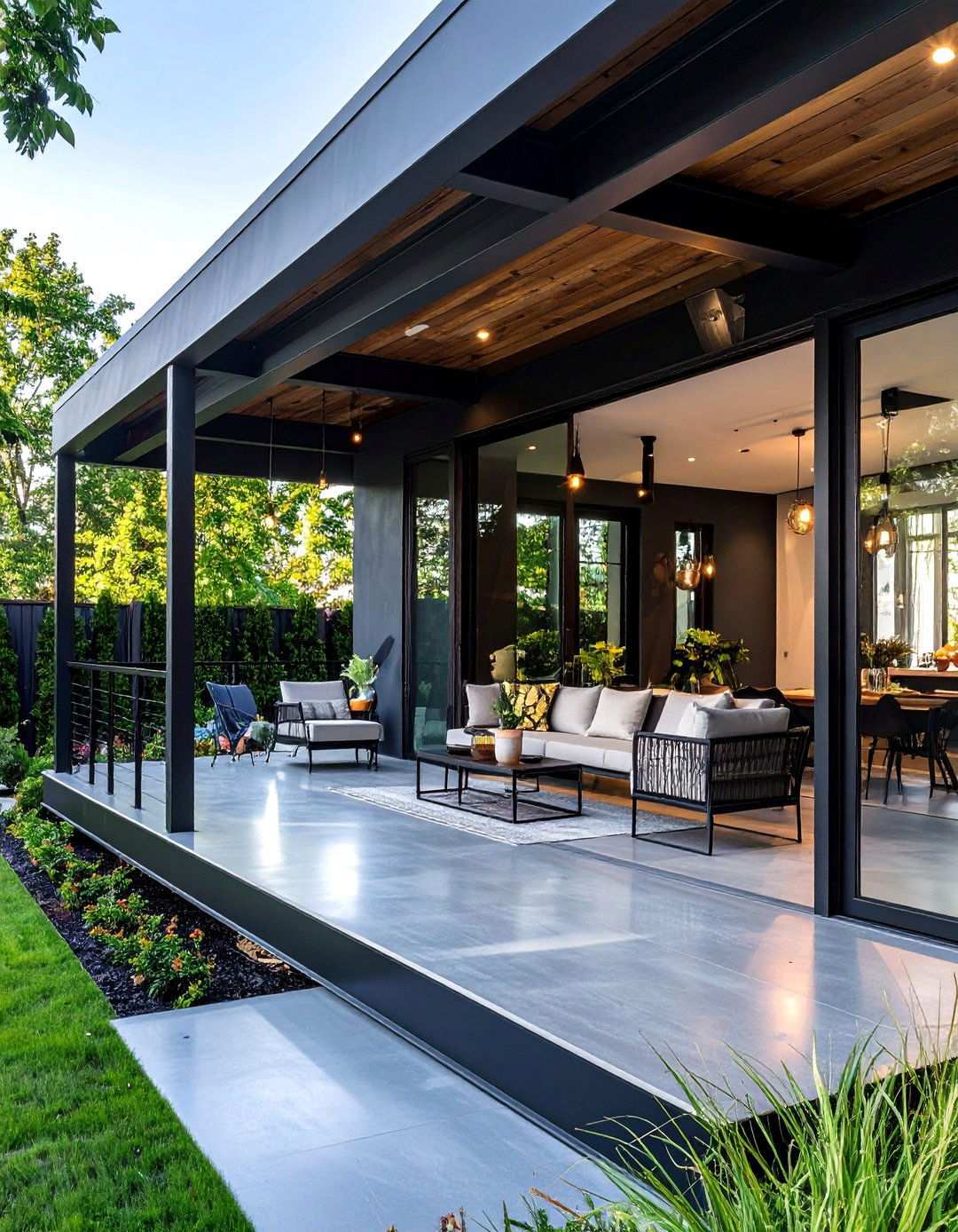 Modern Industrial Barndominium Front Porch with Steel Elements - 20 Barndominium Front Porch Ideas