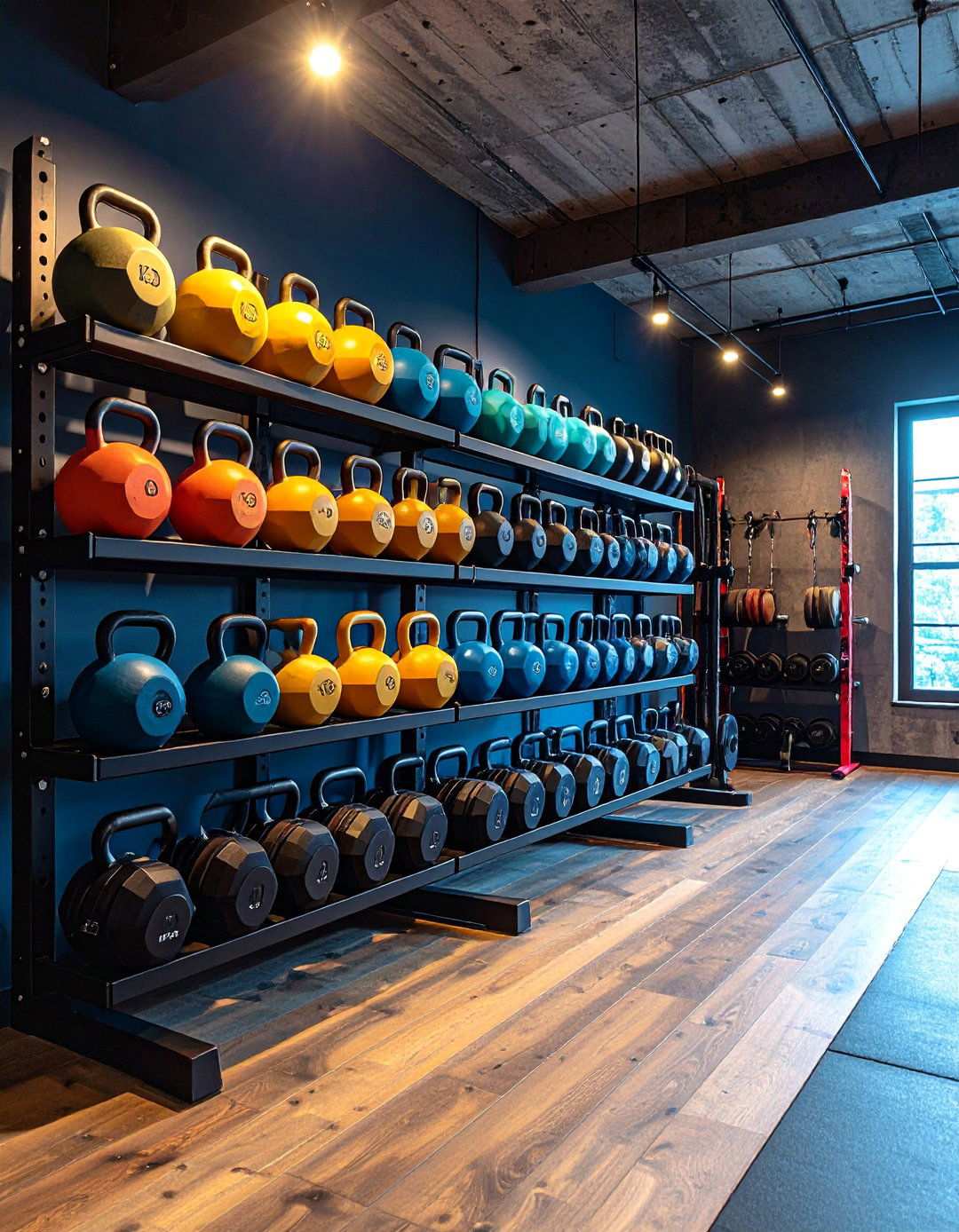 Modular Kettlebell and Dumbbell System Maximizes Basement Gym Versatility - 20 Basement Gym Ideas