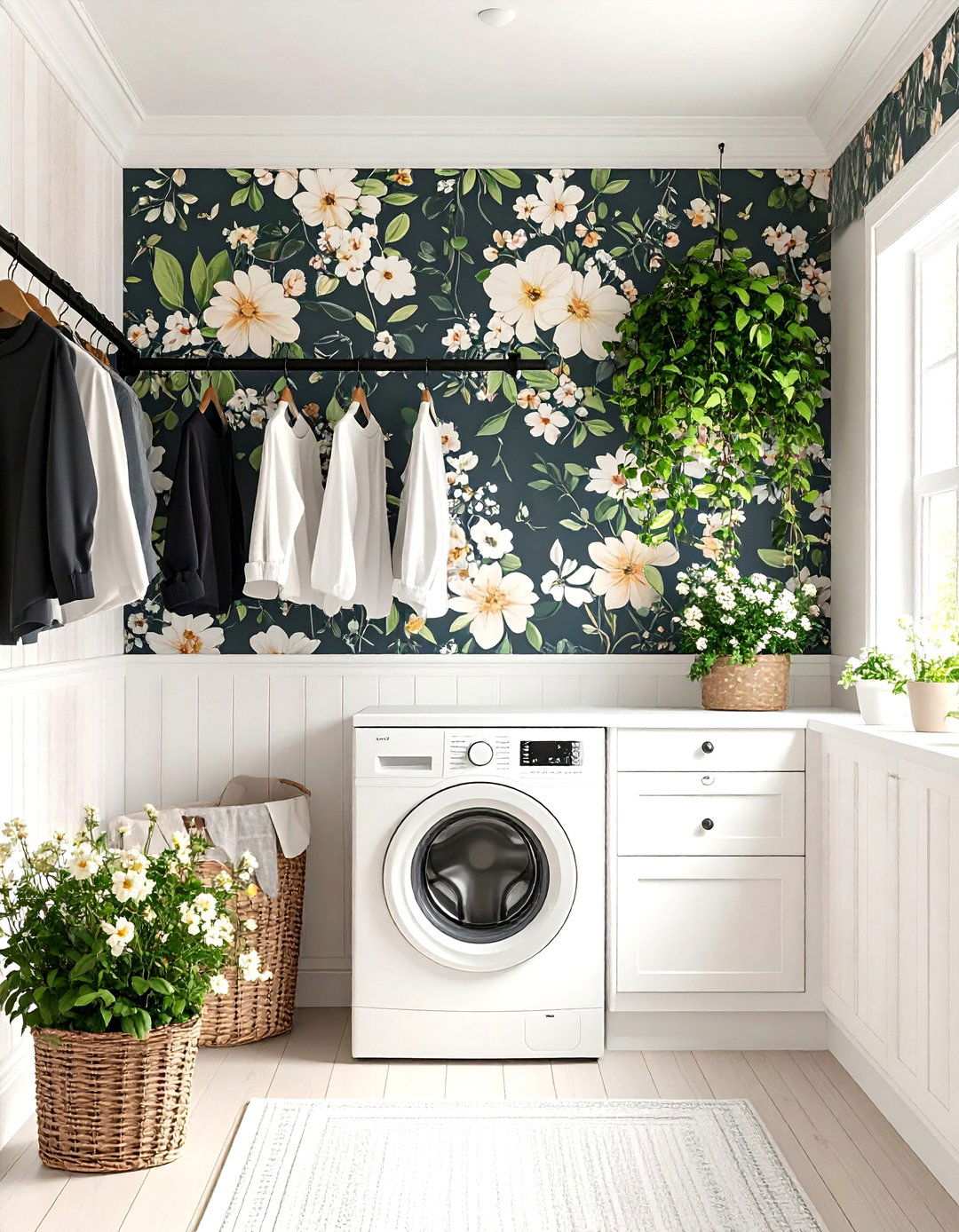 Monochrome Botanical Wallpaper Accent - 20 Black and White Laundry Room Ideas