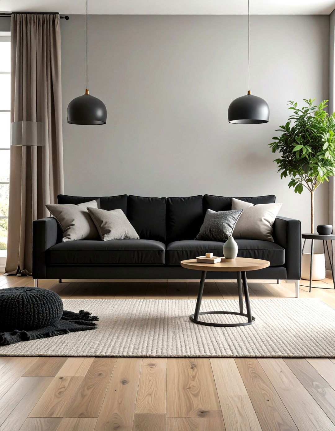 Monochrome Grayscale Layers with a Black Couch - 20 Black Couch Living Room Ideas