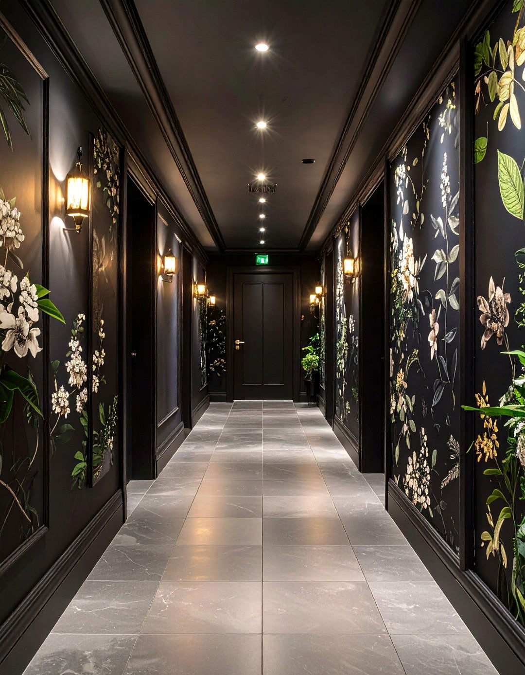 Moody Botanical Wallpaper in a Black Hallway - 20 Black Hallway Ideas