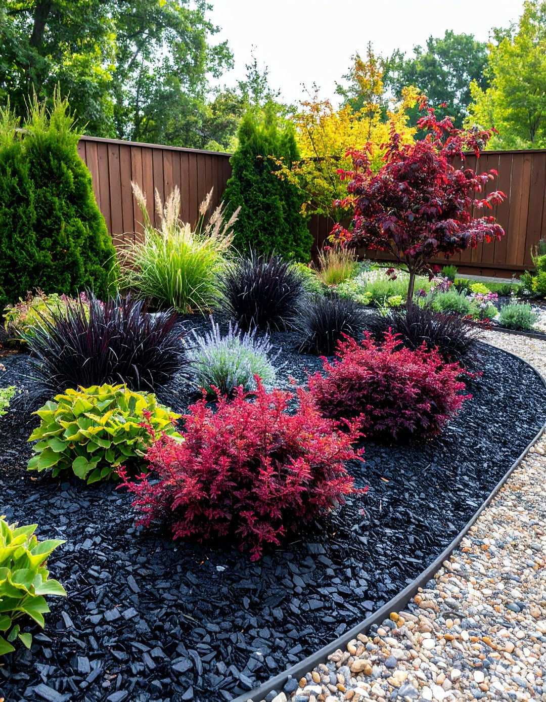 Moody Monochrome Garden of Dark Foliage and Black Mulch - 20 Black Mulch Landscaping Ideas