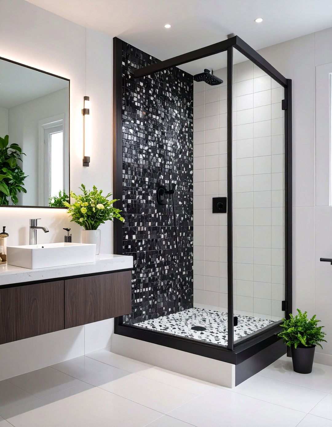 Mosaic Niche Adds Depth Inside the Shower - 20 Black and White Bathroom Ideas