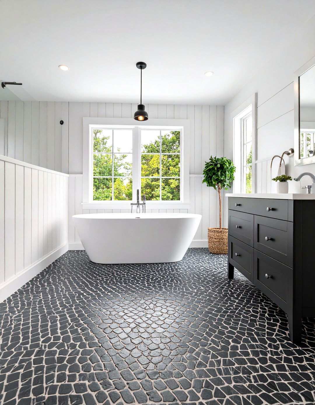 Mosaic Penny Tile Black Floor Bathroom for Vintage Charm - 20 Black Floor Bathroom With White Walls Ideas