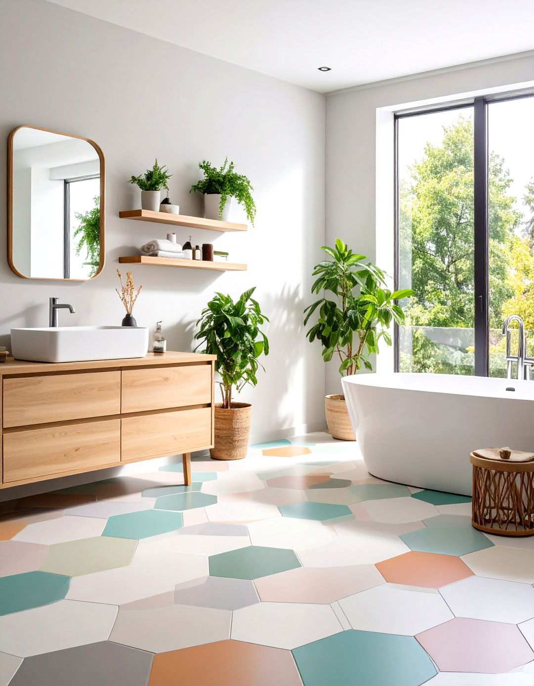 Multicolor Patterned Bathroom With Hexagon Tile Floor - 20 Bathrooms With Hexagon Tile Floors