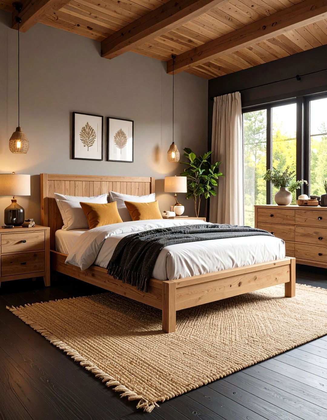 Natural Wood Furniture Warms the Black Floor Bedroom - 20 Black Floor Bedroom Ideas