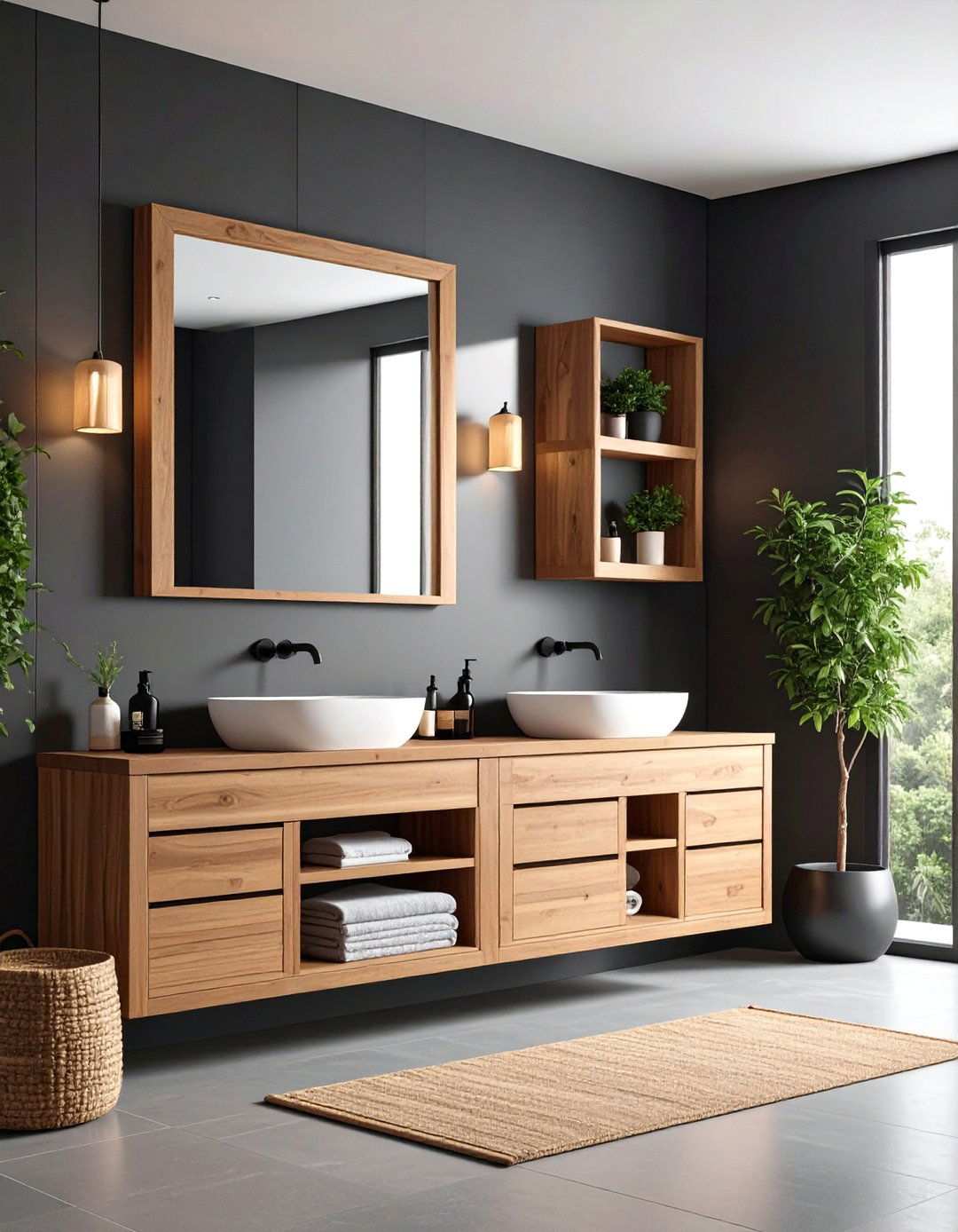 Natural Wood Warms the Monochrome Scheme - 20 Black and White Bathroom Ideas