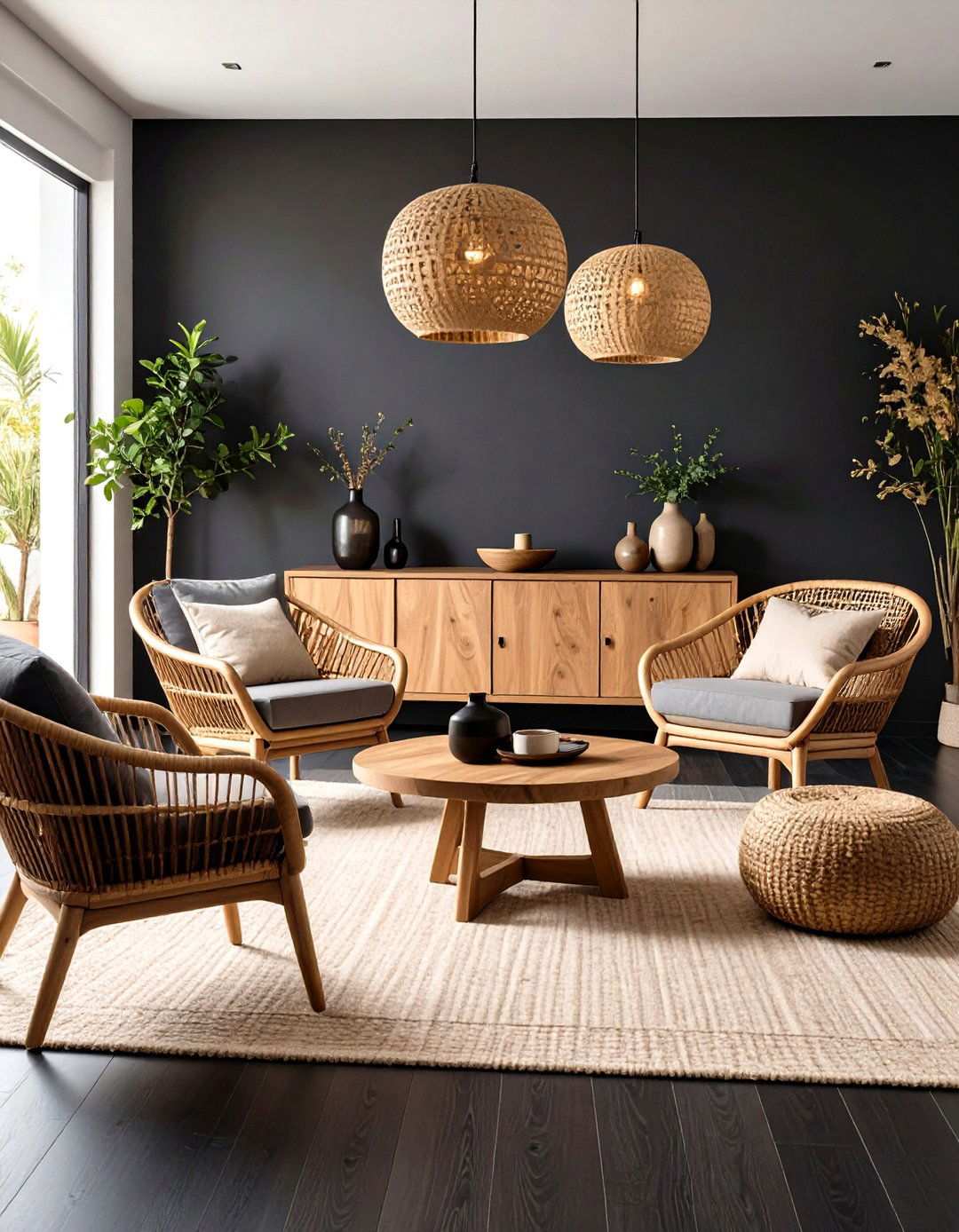 Natural Wood Warmth Meets a Black Floor - 20 Black Floor Living Room Ideas