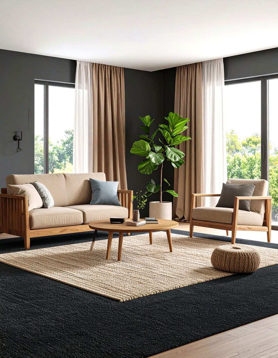 Natural Wood Warmth Meets Black Carpet - 20 Black Carpet Living Room Ideas