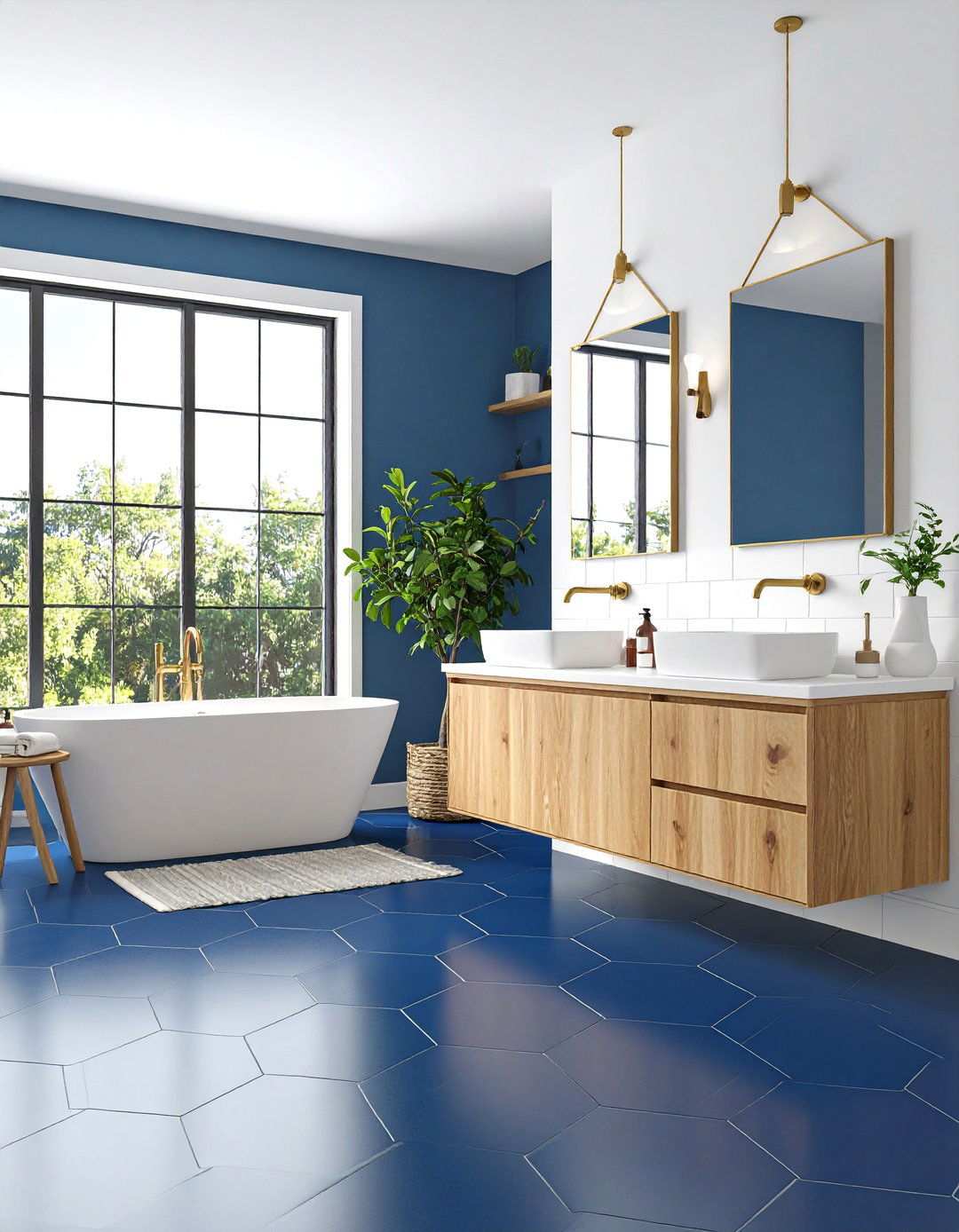 Navy Blue Bathroom With Hexagon Tile Floor - 20 Bathrooms With Hexagon Tile Floors