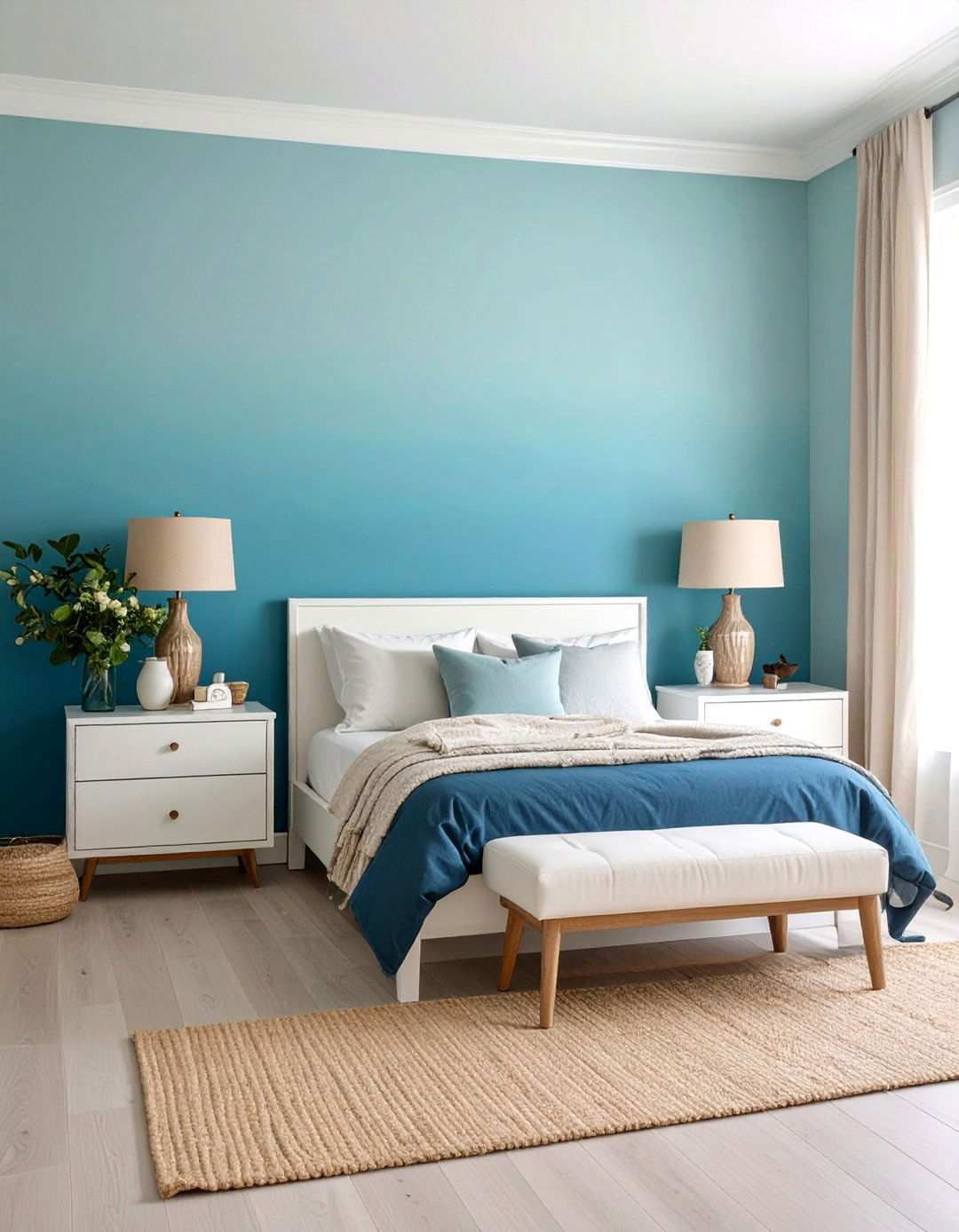 Ombre Ocean Accent Wall Deepens Depth in a Beach Bedroom - 20 Beach Themed Bedroom Ideas