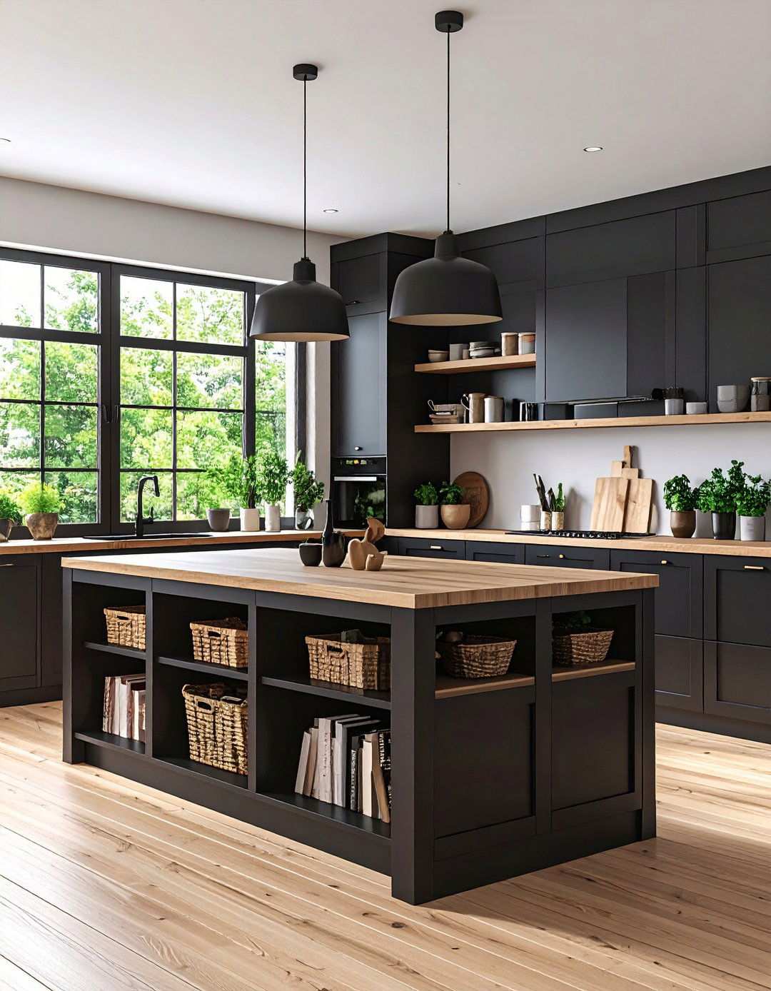 Open Shelf Ends on a Black Island for Display - 20 Black Kitchen Islands