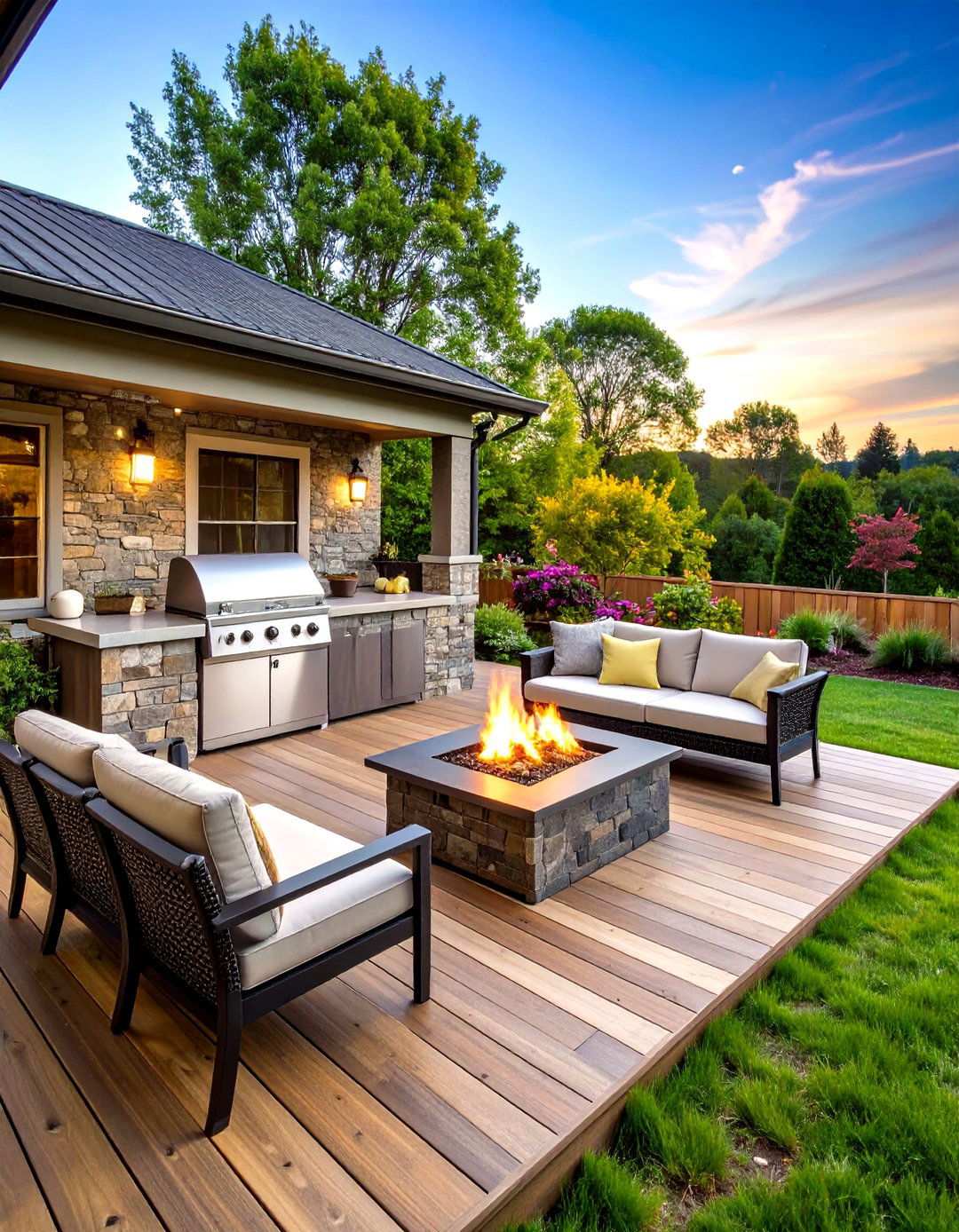 Outdoor Kitchen Deck with Fire Pit Integration - 20 Backyard Deck Ideas