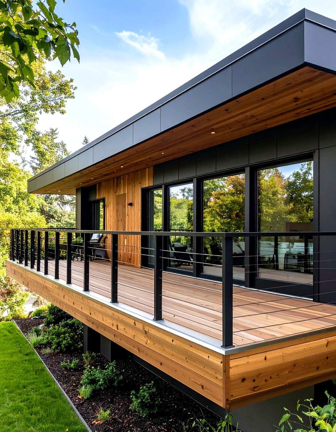Overhanging Cedar Balcony Animates a Black Cube House - 20 Black House With Cedar Accents