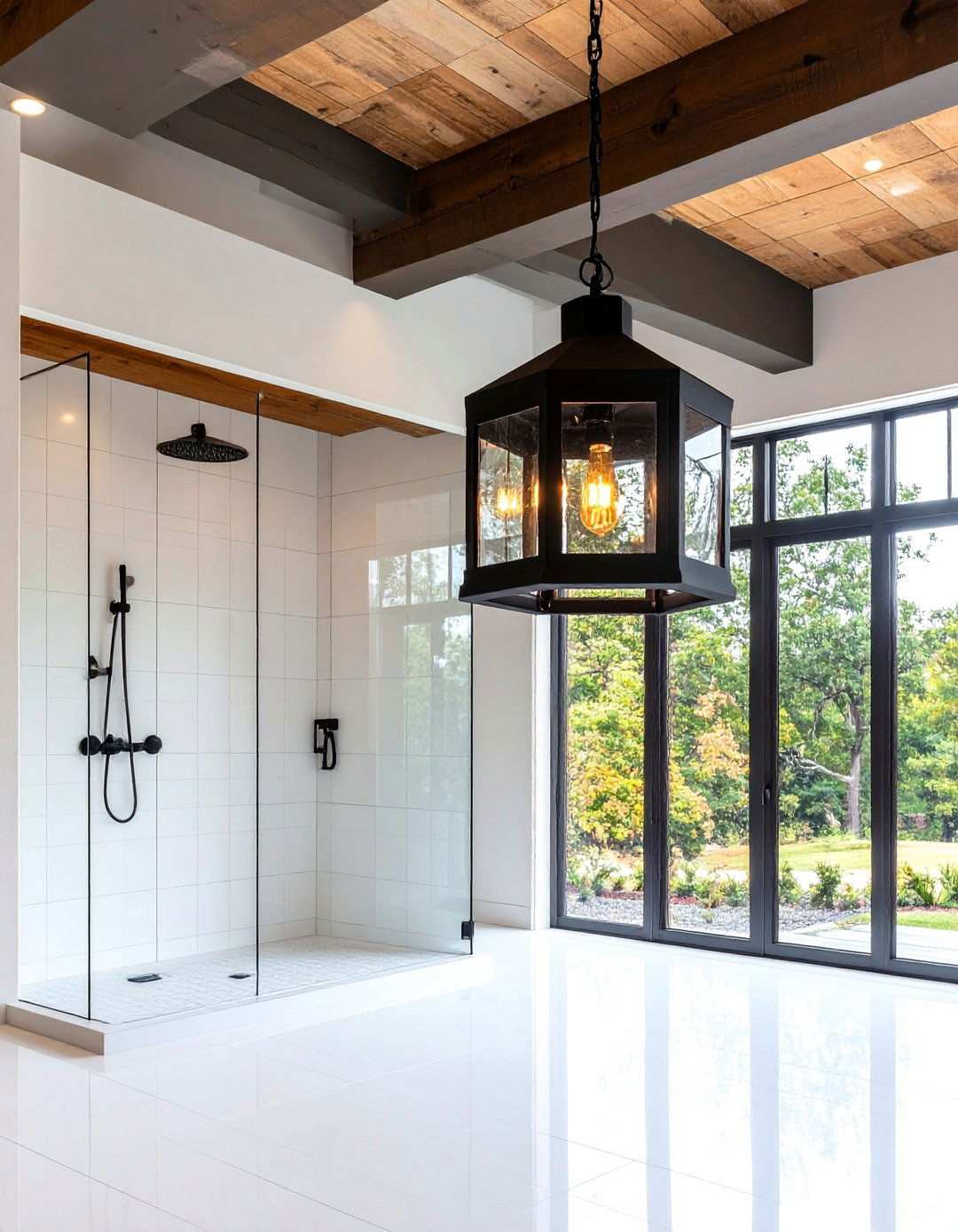 Oversized Lantern Bathroom Pendant Lighting in the Shower Zone - 20 Bathroom Pendant Lighting Ideas