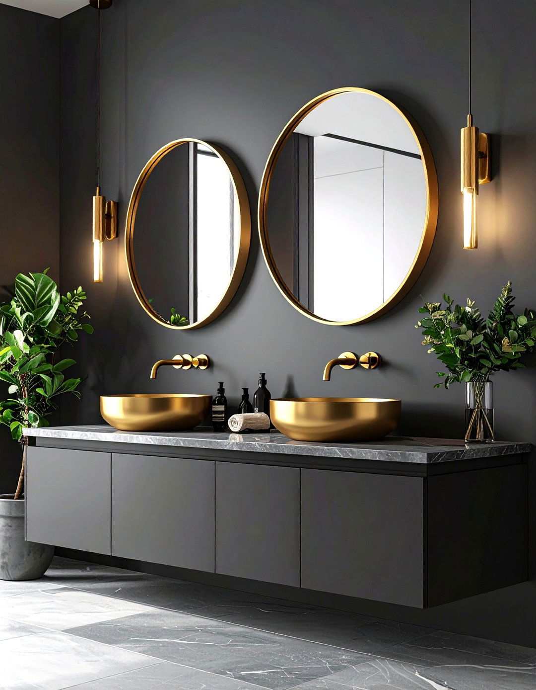 Oversized Round Mirror in Gilded Frame - 20 Black and Gold Bathroom Ideas