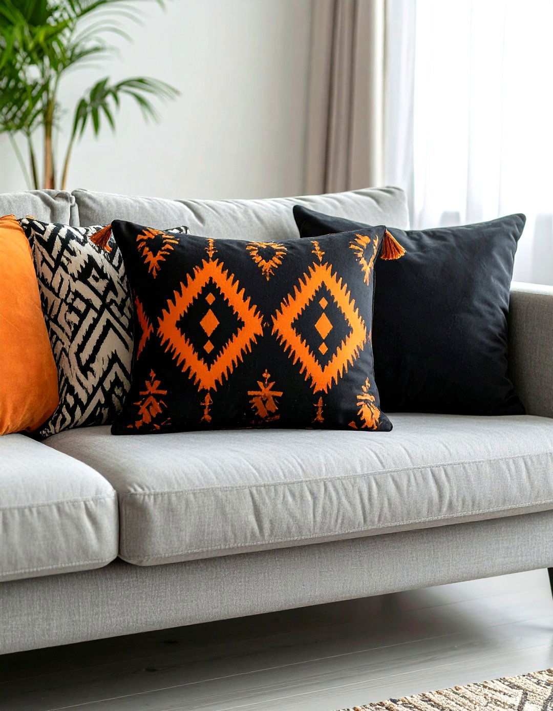 Pattern Play with Charcoal and Citrus - 20 Black and Orange Living Room Ideas