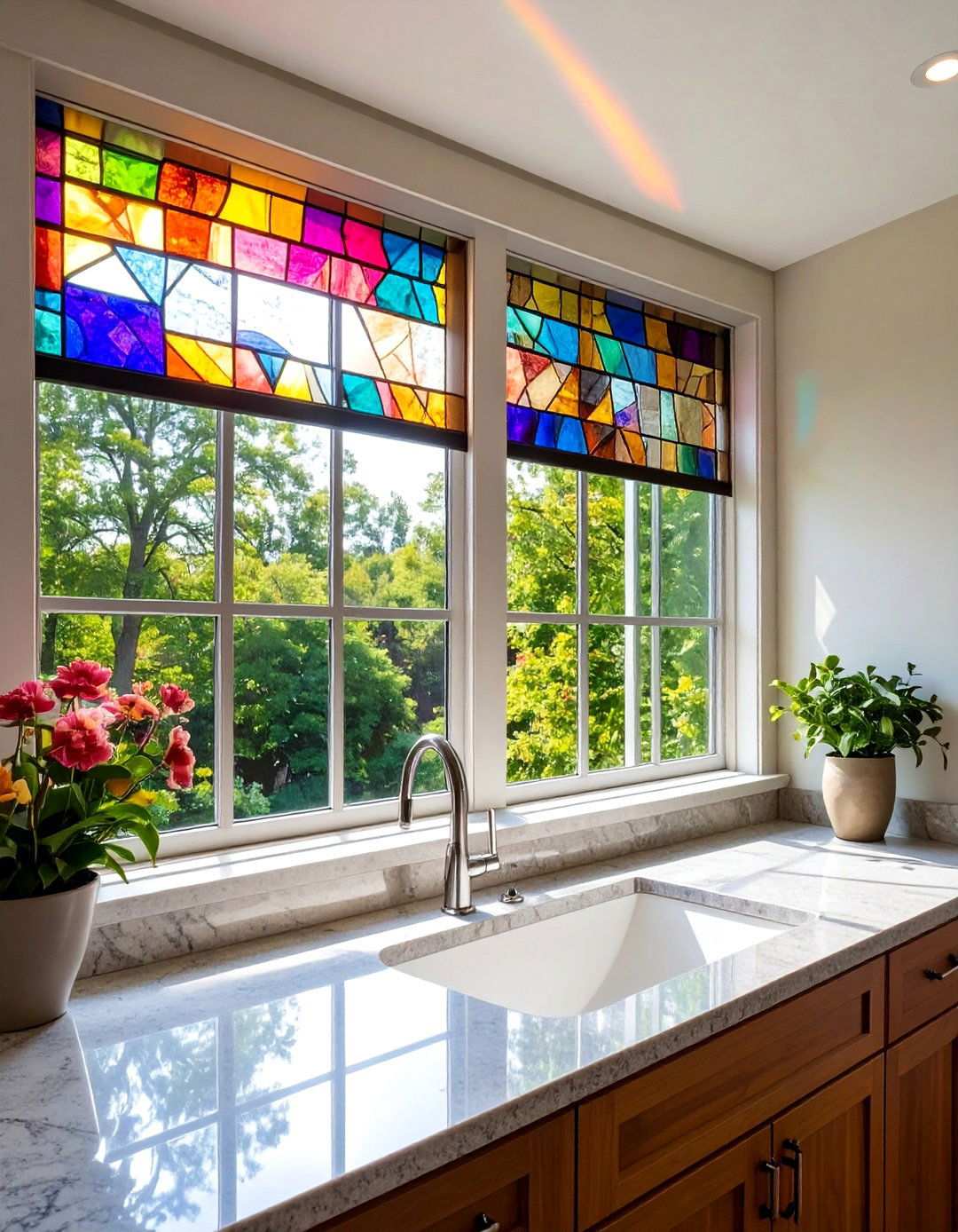 Peel and Stick Stained Glass Film Casts Rainbows - 20 Bathroom Window Treatment Ideas