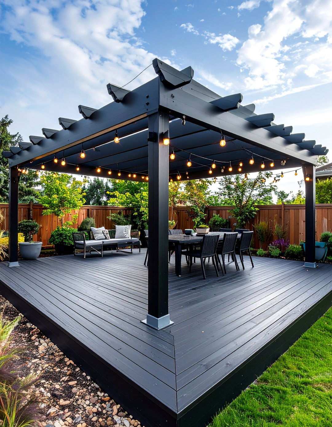 Pergola Framed Black Deck Glow - 20 Black Deck Ideas