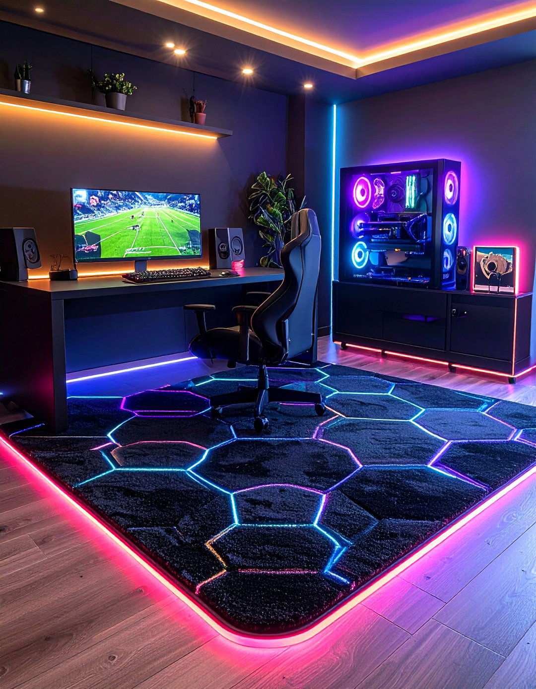 Plush Dark Rugs Add Comfort Underfoot in a Black Gaming Room - 20 Black Gaming Room Ideas