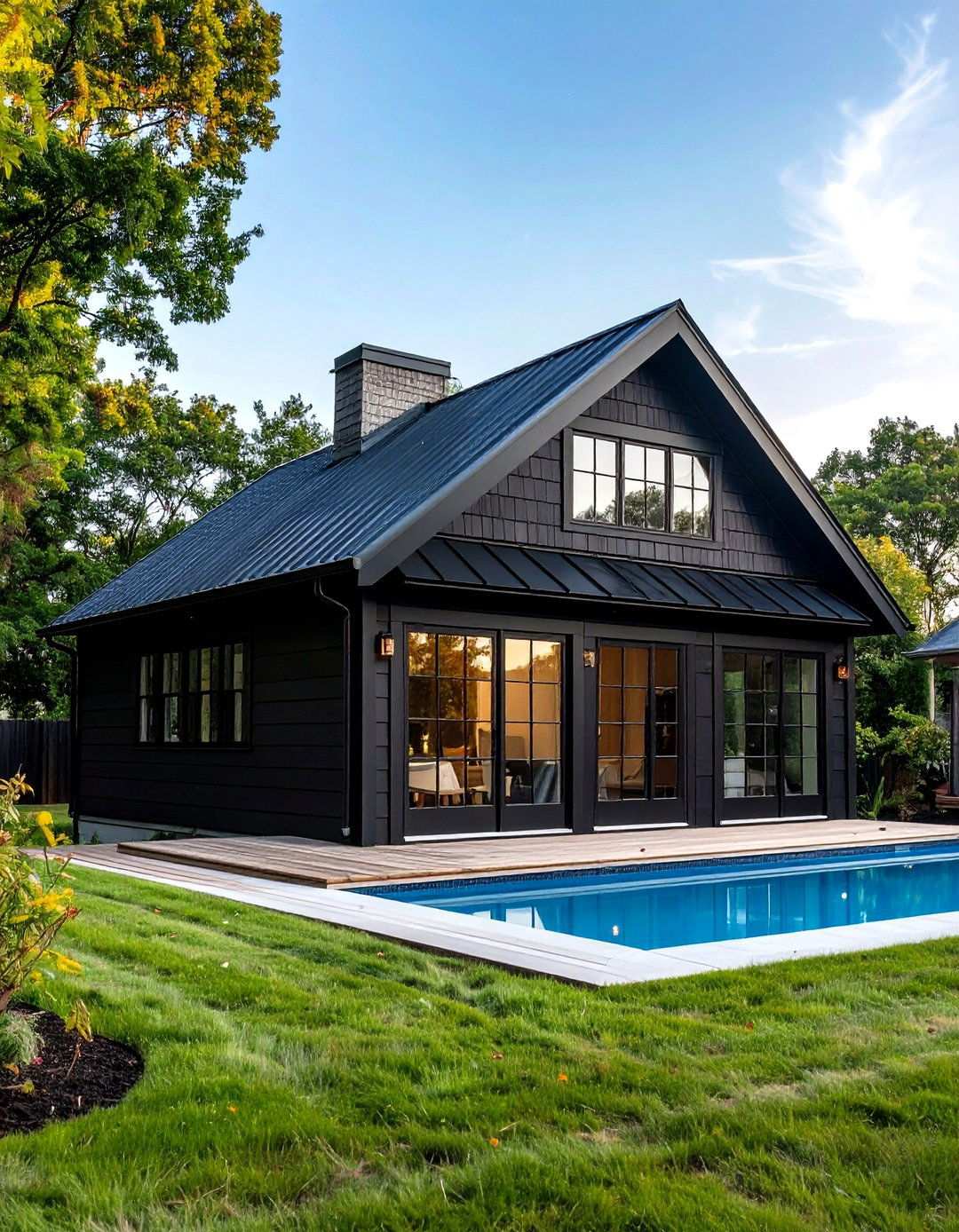 Pool House or Patio Wrapped in Matching Black Siding - 20 Black Modern Farmhouse Exterior Design Ideas