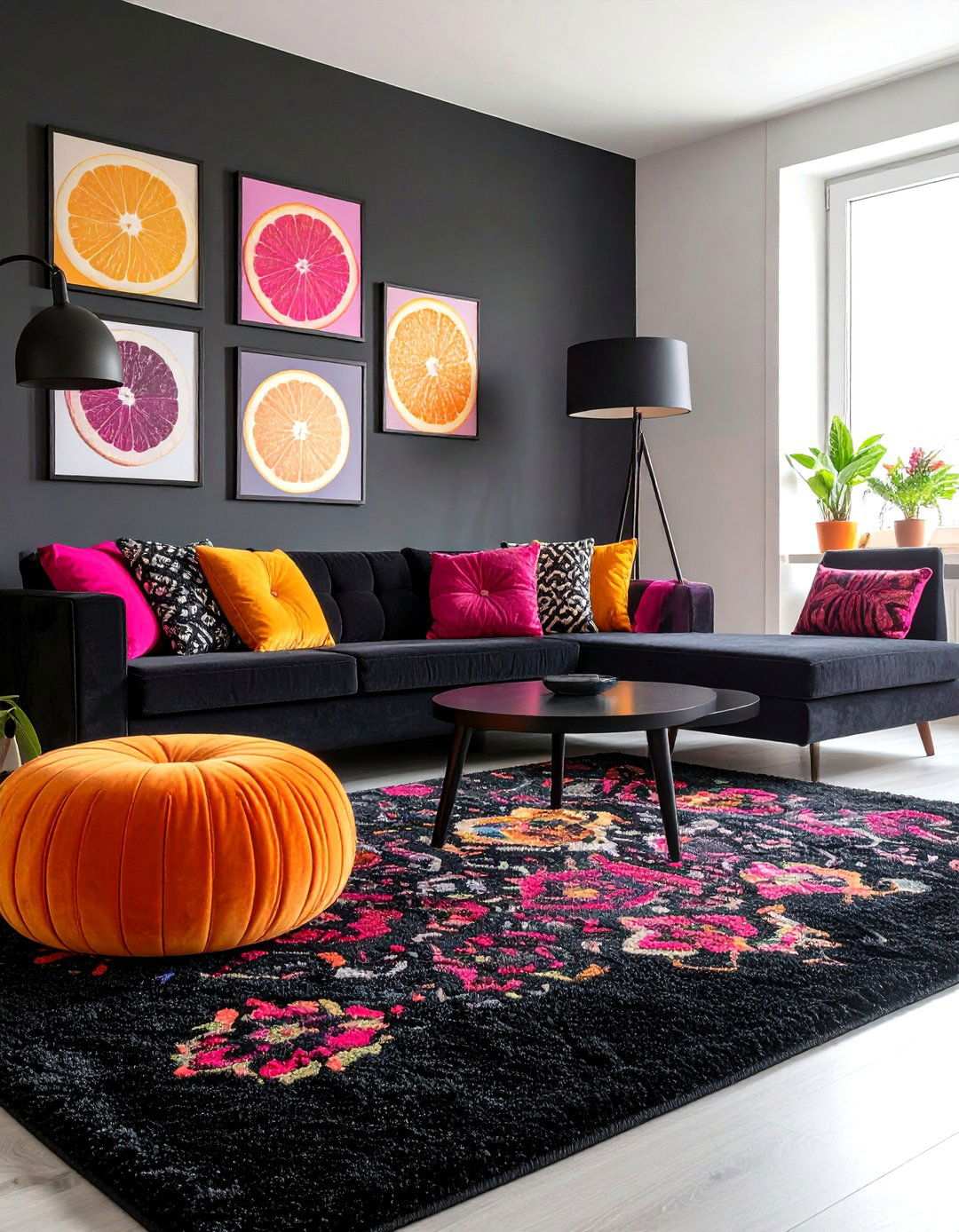 Pop Art Bursts Over Dark Ground - 20 Black Carpet Living Room Ideas