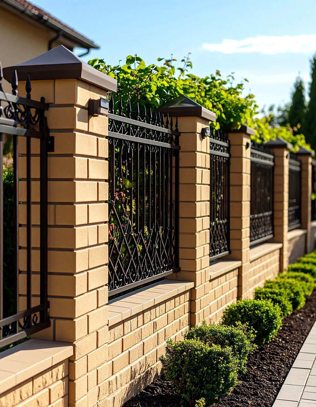 Privacy Screens of Beige Brick Perimeter Walls - 20 Beige Brick Exterior Home Ideas