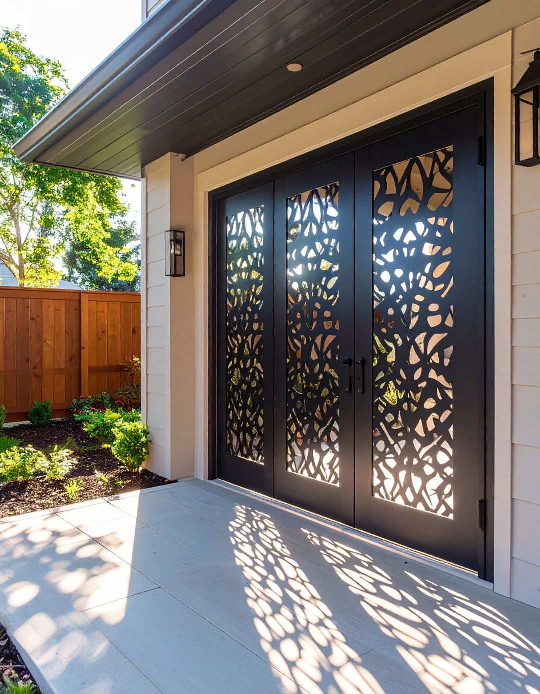 Privacy with Laser Cut Black Metal Panels - 20 Black Porch Ideas