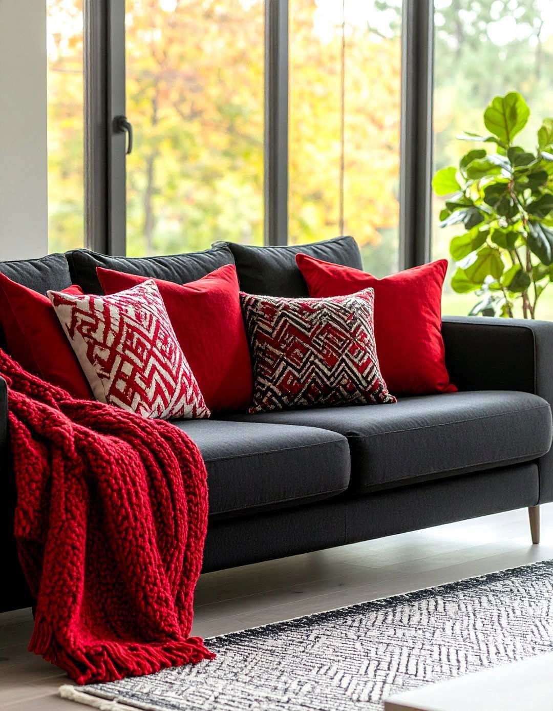 Red Patterned Throw Pillows on Black Sectional - 20 Black and Red Living Room Ideas