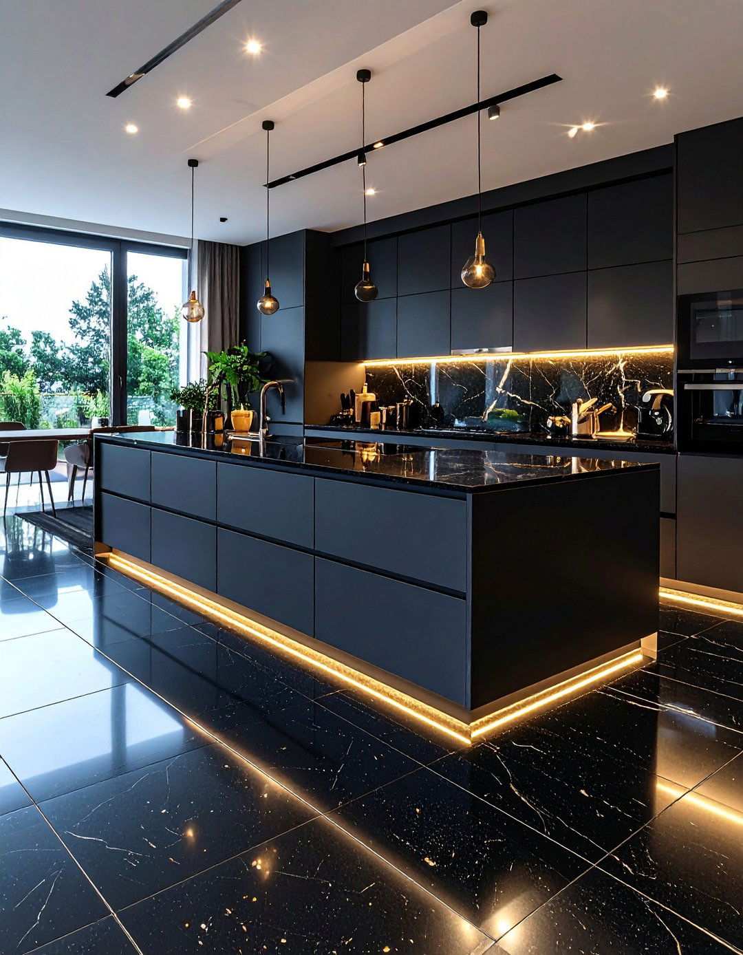 Reflective Glass Inlaid Black Kitchen Floor Accents - 20 Black Kitchen Floor Ideas