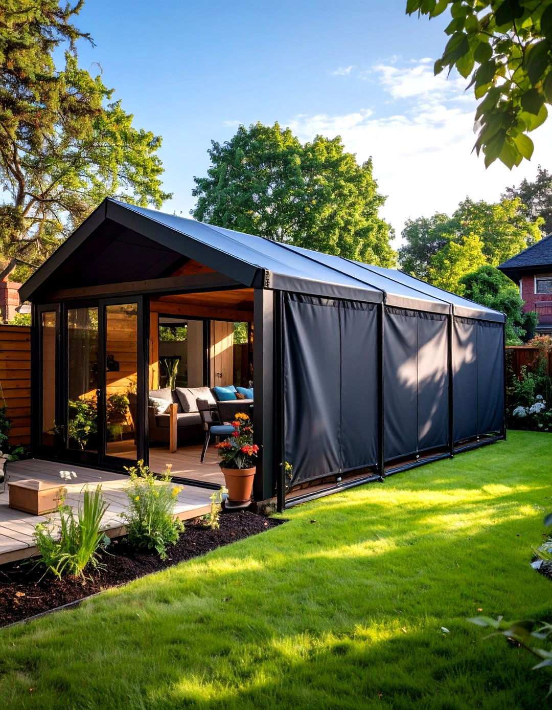 Retractable Black Privacy Wing or Sail for Quick Cover - 20 Black Fence Ideas