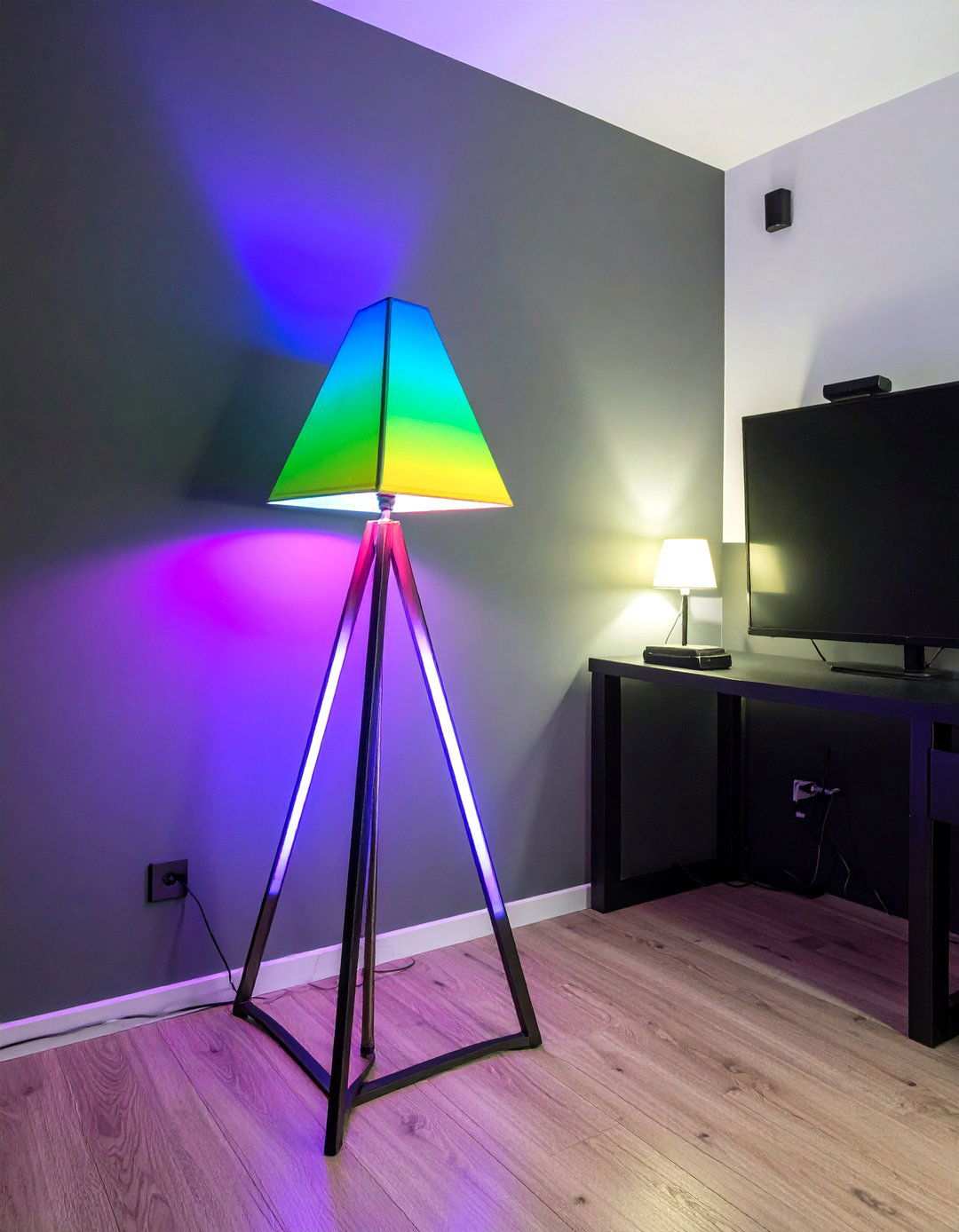 RGB Corner Floor Lamps Expand Light in a Black Gaming Room - 20 Black Gaming Room Ideas