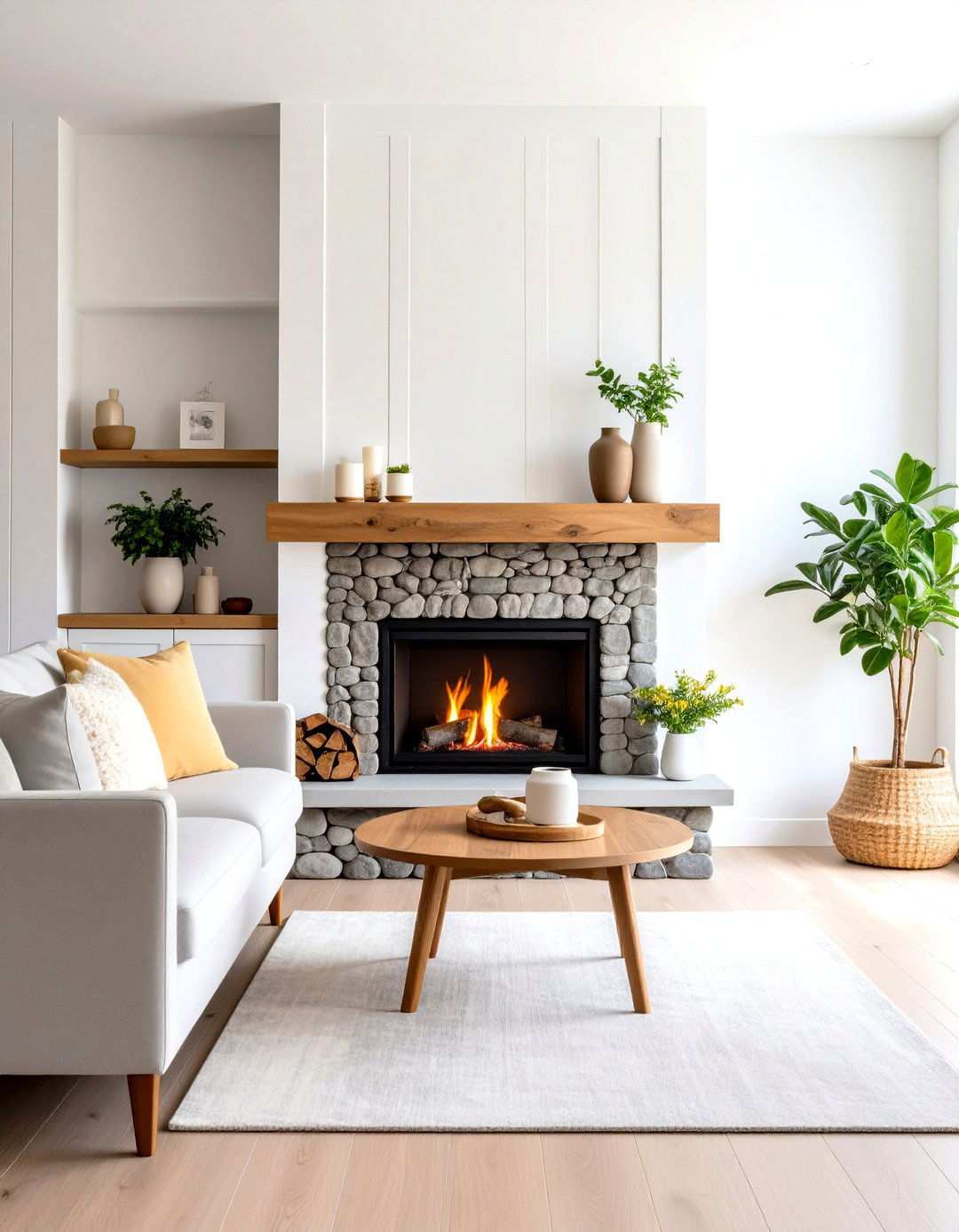 River Rock Fireplace with Floating Wood Shelf Mantel - 20 River Rock Fireplace Ideas