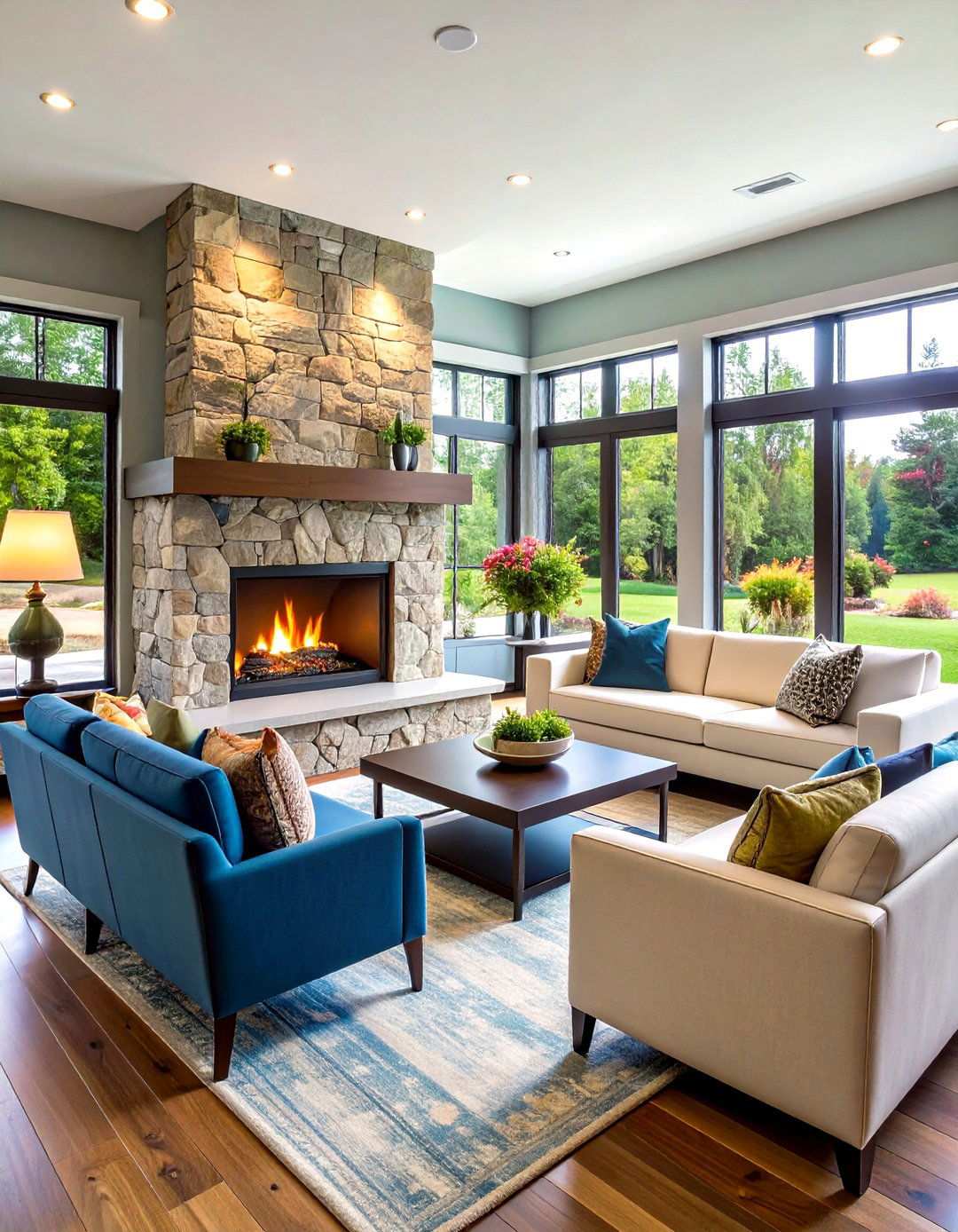 River Rock Fireplace with Integrated Seating Ledge - 20 River Rock Fireplace Ideas