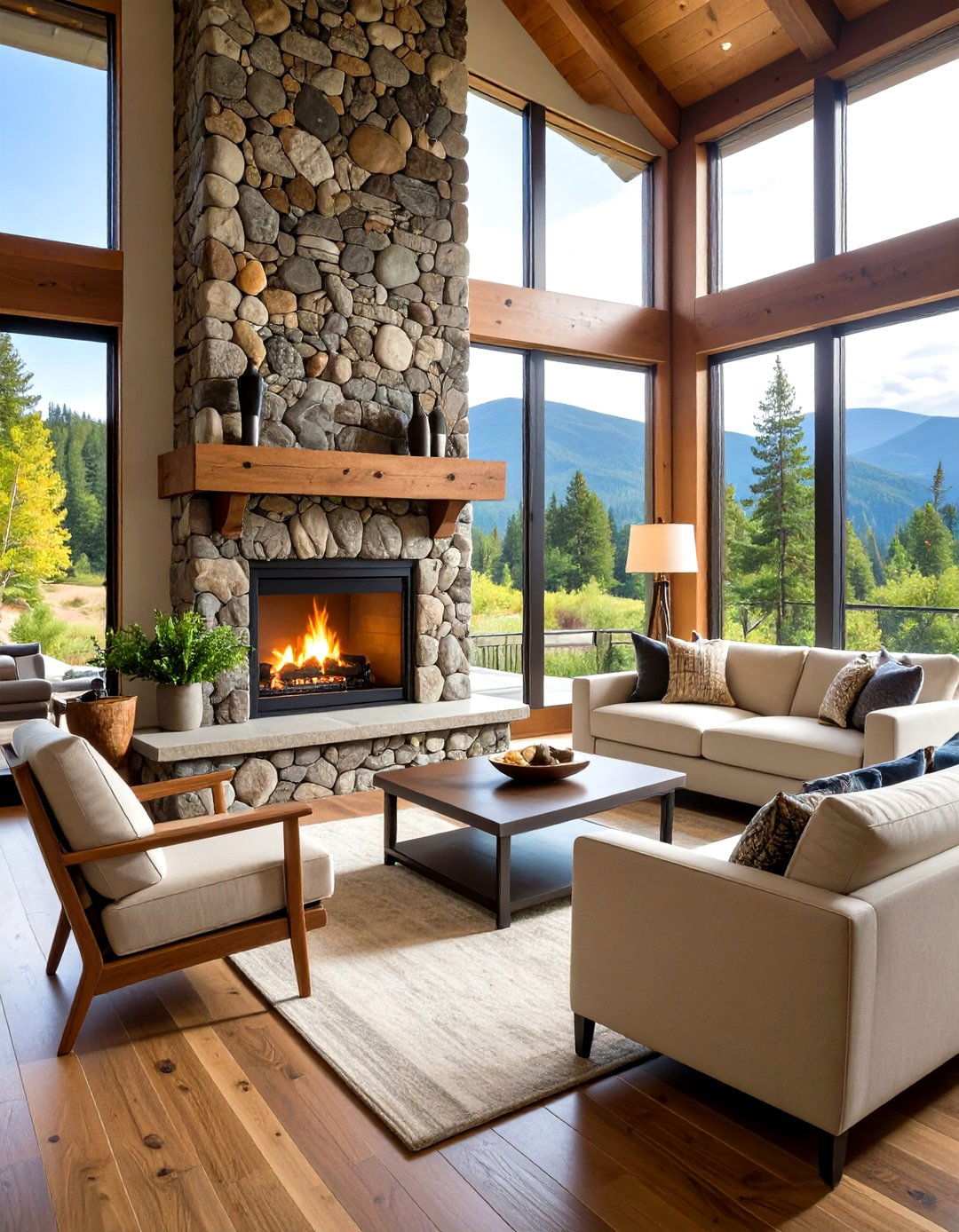 River Rock Fireplace with Natural Edge Wood Surround - 20 River Rock Fireplace Ideas