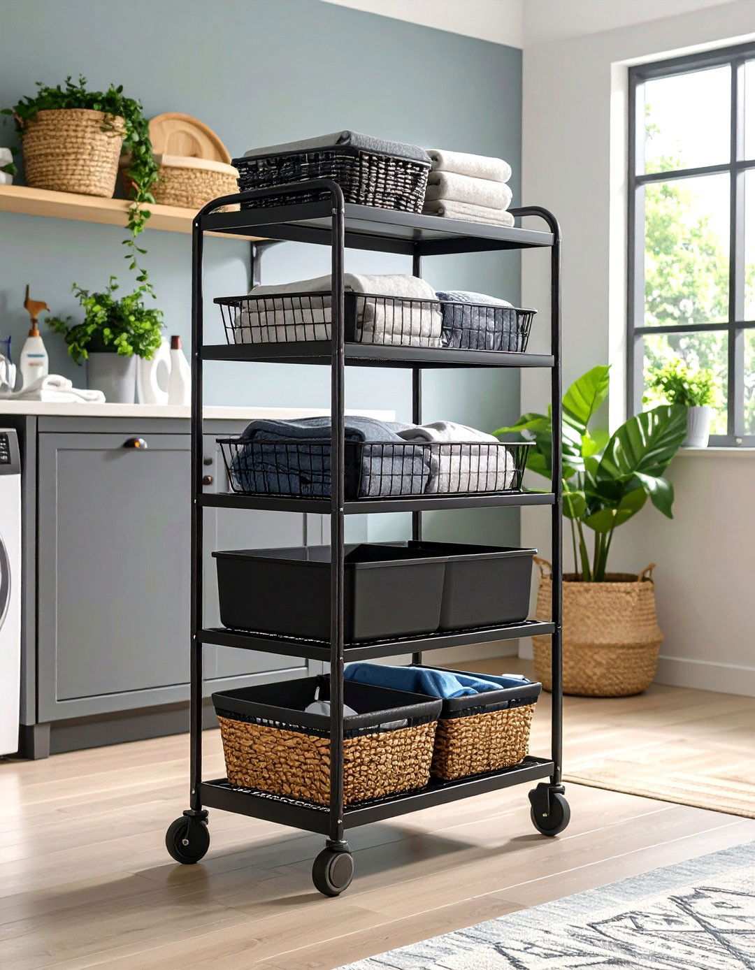 Rolling Black Wire Laundry Cart - 20 Black and White Laundry Room Ideas