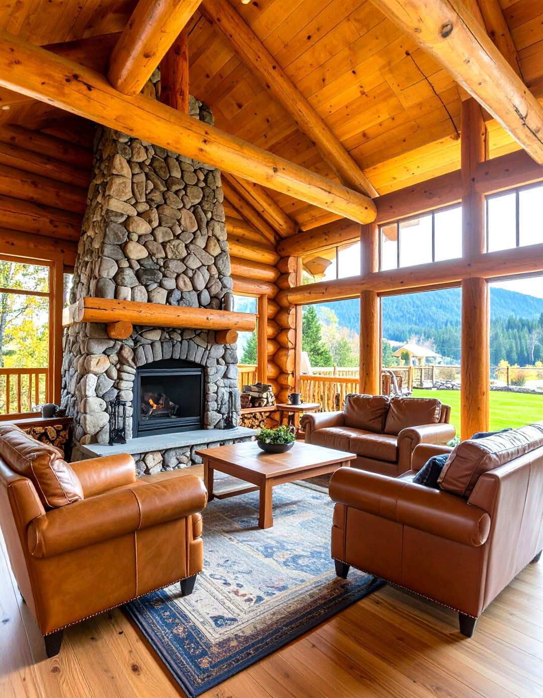 Rustic Log Pavilion with Massive Stone Hearth - 20 Backyard Pavilion With Fireplace