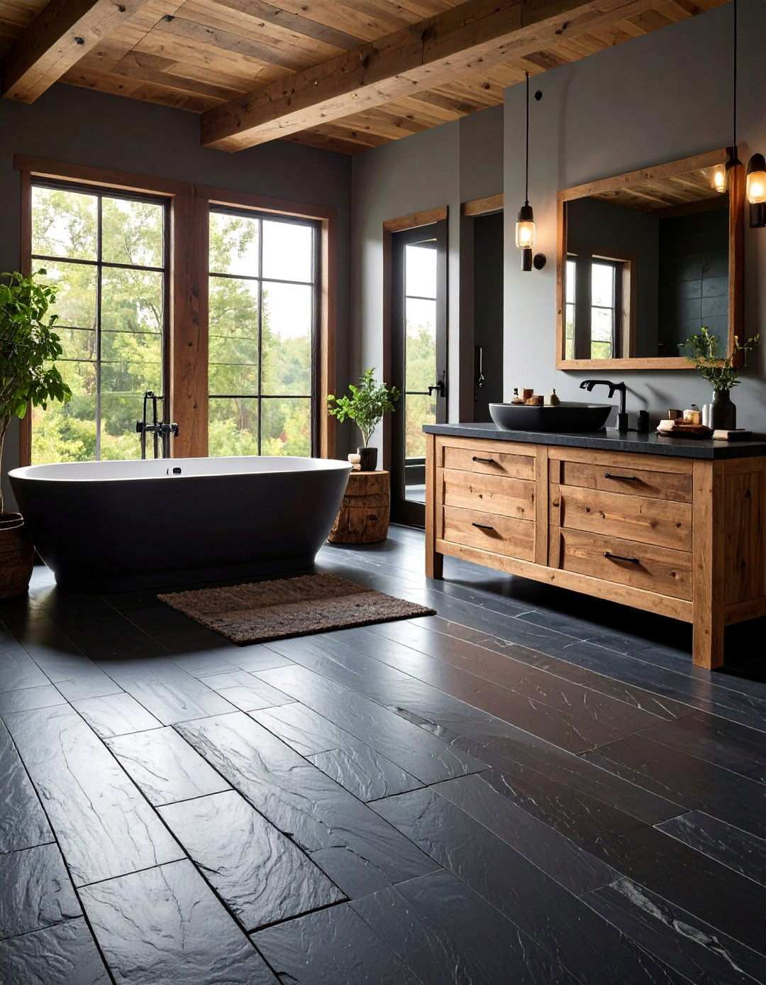 Rustic Slate Texture for Spa Serenity - 20 Black Floor Bathroom Ideas