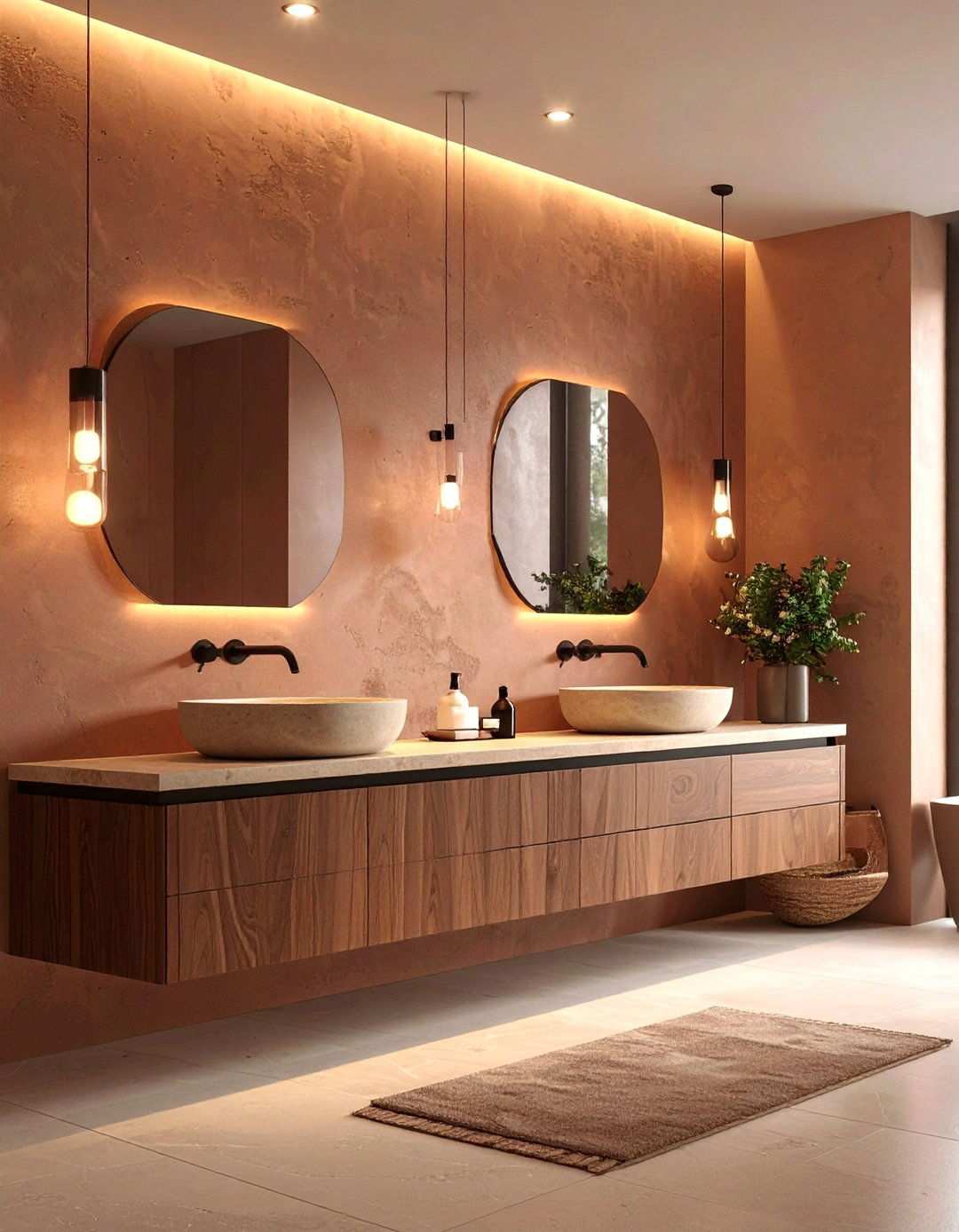 Satin Black Fixtures Against Cocoa Bathroom Walls - 20 Black and Brown Interior Design Ideas