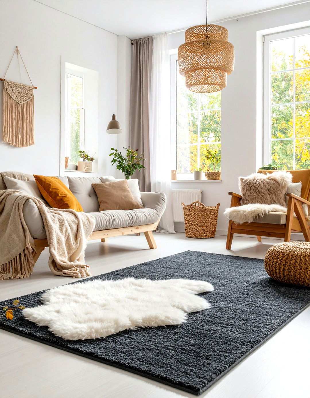 Scandinavian Light Touch on Dark Floors - 20 Black Carpet Living Room Ideas