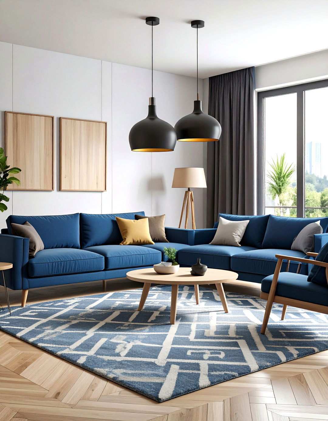 Scandinavian Minimal Inky Blue and Black Lines - 20 Black and Blue Living Room Ideas