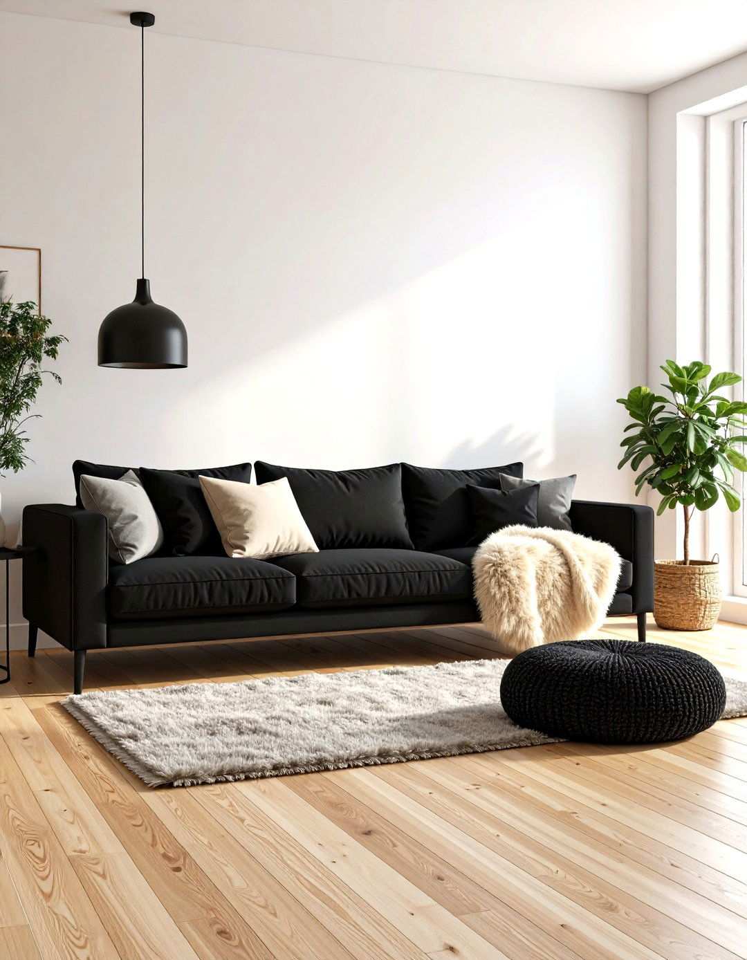 Scandinavian Minimalism around a Black Couch - 20 Black Couch Living Room Ideas